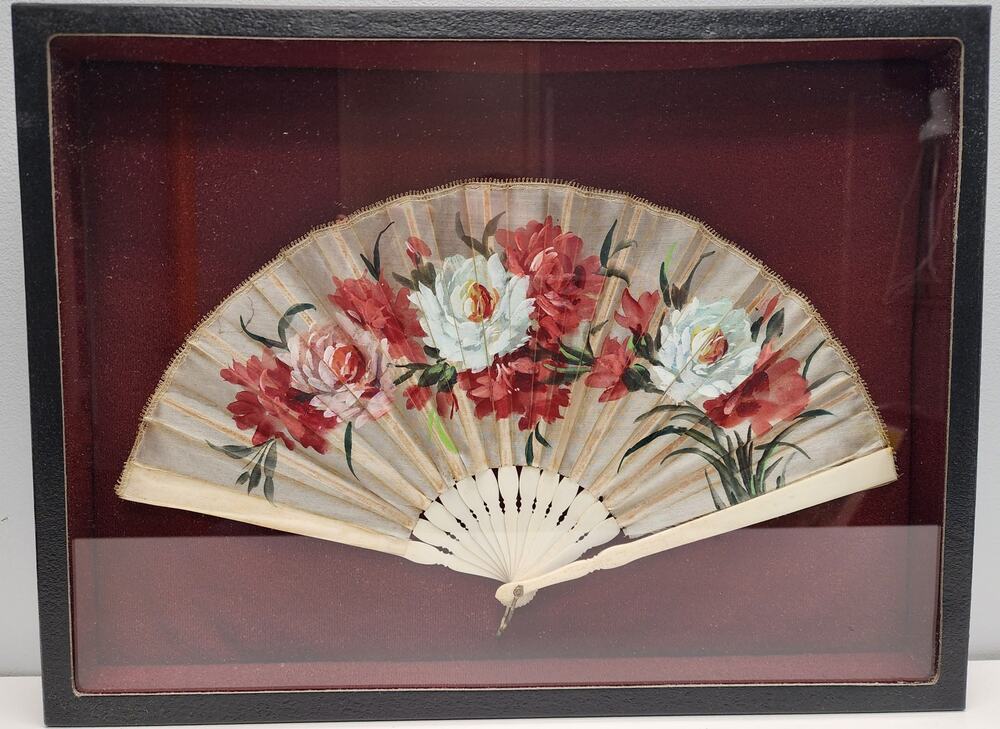 Vintage Japanese Hand Painted Hand Fan Framed 14.25 x 8, Bone Blades Shadowbox